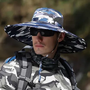 Wide brim camouflage sun hat for men, perfect for outdoor hiking and fishing adventures.