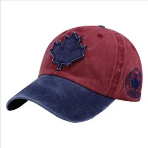 Close-up of distressed baseball cap with maple leaf patch and Canada side embroidery.