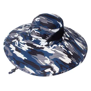 Detailed view of a blue camouflage outdoor sun hat with breathable mesh and wide brim