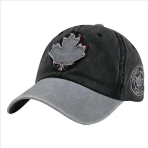 Close-up of distressed washed cotton baseball cap with maple leaf patch and Canada embroidery