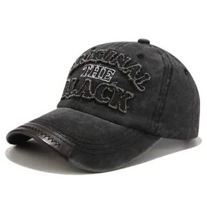 Berretto da baseball in denim lavato vintage con ricamo Original The Black e bordi in pelle