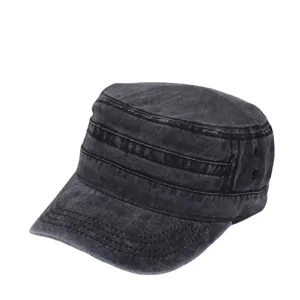 Gewaschene Baumwolle Denim Cadet Cap Flat Top Militärhut Verstellbarer Verwaschener Armeehut Vintage Sonnenschutz Outdoor Kappe Unisex