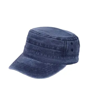 Klassische gewaschene Denim-Flachkopfmütze in Dunkelblau für optimalen Sonnenschutz im Freien.