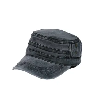 Vintage gewaschene Denim-Kadet-Armeekappe mit flacher Oberseite und Baumwollstoff