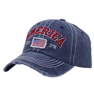 Distressed dunkelblaue Baseballkappe mit roter Amerika-Stickerei und USA-Flagge