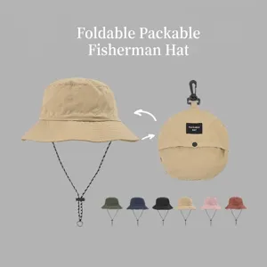 Detail of a packable quick-dry bucket hat showing how it folds into a small carry pouch.