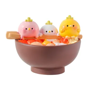 Adorable resin blind box figurine featuring three colorful chickens in a ramen bowl