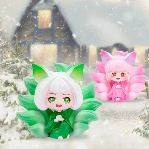 Lindas figuras de hada zorro chibi de resina en rosa y verde para decoración hogar