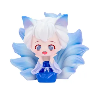 Linda figura de resina de hada zorro de nueve colas azul y blanca para decoración