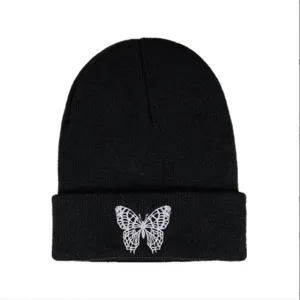 Korean Style Butterfly Embroidery Knit Beanie Hat Hip Hop Winter Warm Acrylic Pullover Skull Cap For Women Men