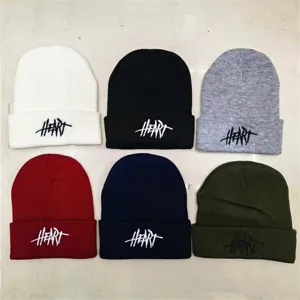 Heart Embroidery Knitted Beanie Hat For Men Women Winter Warm Acrylic Streetwear Hip Hop Miki Hat Foldable Cuffed Beanie