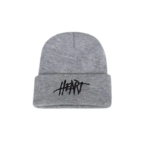 Stylish grey knitted winter beanie hat with black HEART graffiti style embroidery