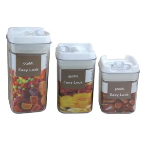 Lot de trois bocaux de conservation hermétiques de 550 ml, 450 ml et 300 ml.