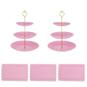 3-stöckige rosa Etagere und rechteckige Serviertabletts Set für die Party und Desserttisch.