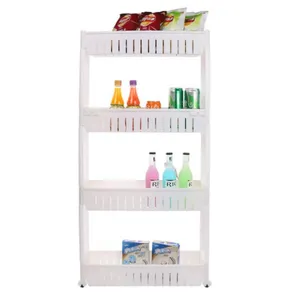 Scaffale stretto in plastica a 4 livelli con ruote, perfetto per organizzare cucina e bagno.