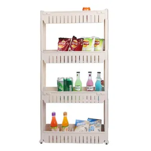Scaffale portaoggetti in plastica a 4 ripiani con ruote per cucina e bagno compatto.