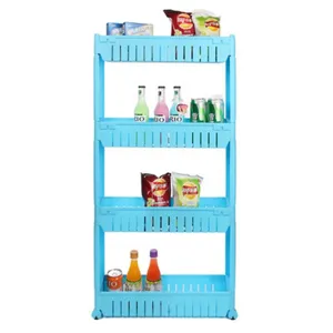Vista dettagliata di scaffale portaoggetti in plastica blu a 4 livelli con ruote e ripiani a griglia.