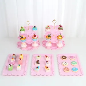 Rosa 3-stöckige Cupcake Ständer und rechteckige Dessert Tablett Set für Party Dekoration