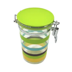 Bocal de rangement en verre avec rayures colorées et couvercle hermétique vert