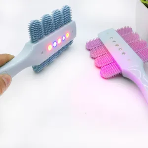 LED silicone pet brush for cats and dogs, massaging hair removal brush with light therapy details.
