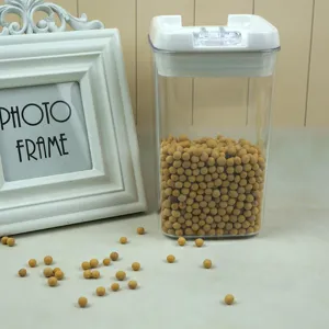 Contenitore ermetico in plastica trasparente per cereali e snack da cucina con coperchio bianco.