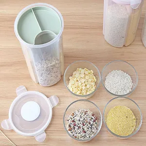 Vista dettagliata del contenitore di cereali trasparente a più griglie con coperchio verde.