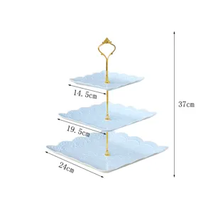Présentoir à dessert carré à 3 niveaux bleu clair avec poignée dorée élégante