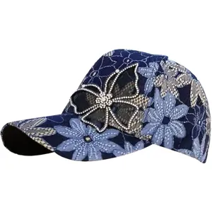 Women's blue lace floral baseball cap with rhinestone butterfly bow and mesh design