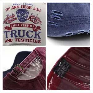Detail showing distressed fabric, metal buckle, and washing label of baseball cap