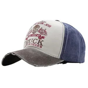 Vintage washed denim baseball cap with distressed skull and truck print for men women