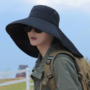 Close-up side view of a man wearing a black wide-brimmed sun hat with neck flap