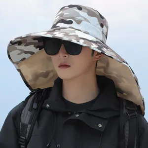 Close-up of men's wide-brim camouflage outdoor sun hat with protective neck flap