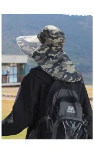 Rear view of camouflage sun hat with wide brim and neck flap for outdoor protection