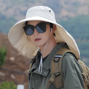 Men's wide-brim sun hat with neck flap for outdoor hiking, fishing, and UV protection