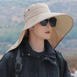 Outdoor wide brim sun protection hat with neck flap shown on a male model for hiking