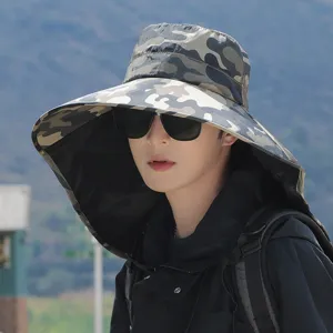 Men's Outdoor Sun Hat Large Brim Neck Flap UV Protection Camouflage Fishing Hiking Safari Hat Waterproof Nylon Sun Cap