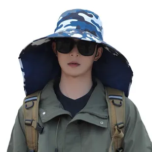 Men's camouflage sun hat with wide brim and neck flap for outdoor fishing and hiking