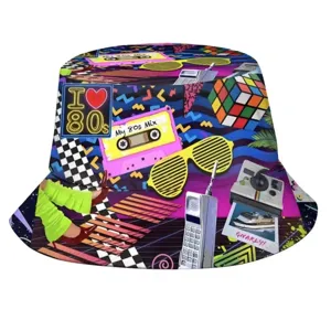Retro 80er Jahre Fischerhut mit auffälligem Neon-Kassetten- und Zauberwürfel-Muster