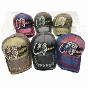 Men Vintage Distressed Cotton Baseball Cap Indian Chief Embroidered Patchwork Adjustable Outdoor Hip Hop Sunshade Peak Hat