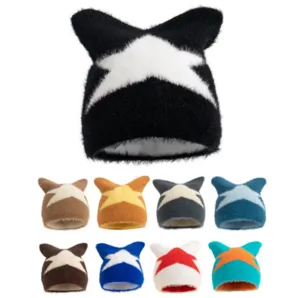 Y2K Faux Nerz Samt Katzenohren Strickmütze Für Damen Winter Warm Sternenmuster Pentagramm Schleife Beanie Mütze Individuelle Trendy Outdoor Kappe