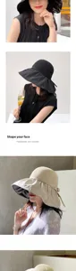 Elegant detail shots of black and beige wide brim sun hats worn by a stylish model