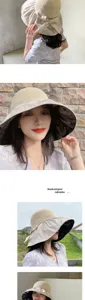 Outdoor collage of woman wearing a beige sun hat with large brim and black lining