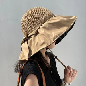 Women Summer Sun Hat Large Brim Foldable Hollow Out Bucket Hat Black Glue Anti-UV Beach Cap Elegant Bow Decor Fishing Hat
