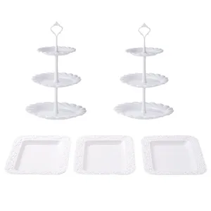 Set di alzata per dolci bianca a 3 livelli e vassoi rettangolari per feste e dessert.