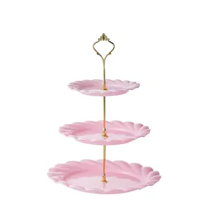 Alzata per torte rosa a 3 livelli con manico dorato, piatto da frutta per festa e tè.