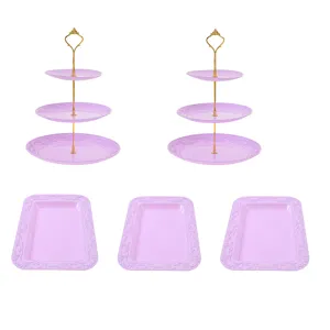 Ensemble de présentoir à fruits à 3 étages et plateau rectangulaire, assiette à dessert rose.