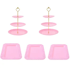 Ensemble de support à gâteaux rose à 3 étages et plateaux rectangulaires pour fête et dessert.