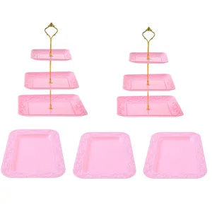 Ensemble de support à gâteau rose à 3 étages avec plateaux rectangulaires pour fête.