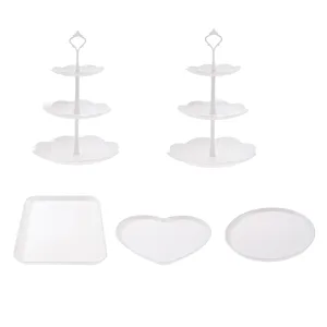 Juego de soporte para postres de plástico blanco de 3 niveles y bandeja para fiesta de té.