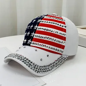 Detailed view of the US flag themed baseball cap featuring sparkling rhinestone embellishments